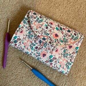 Pink Floral Cotton Tri-fold Crochet Hook Wallet Case Organizer
